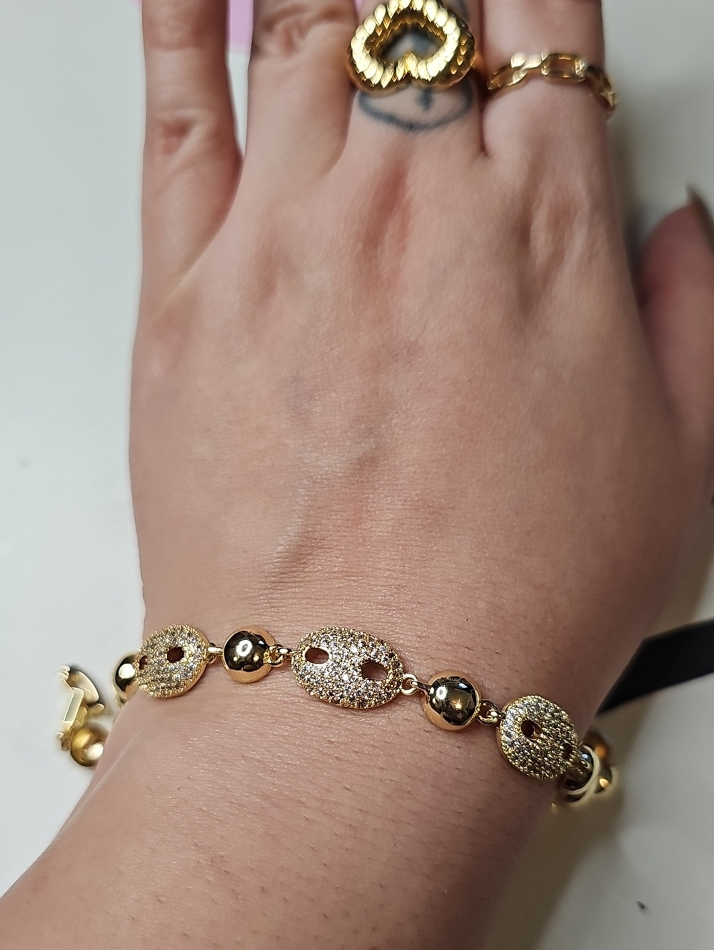 Gold Tone Puff Mariner Link Bracelet New Sparkling White Lab Sapphire Stones